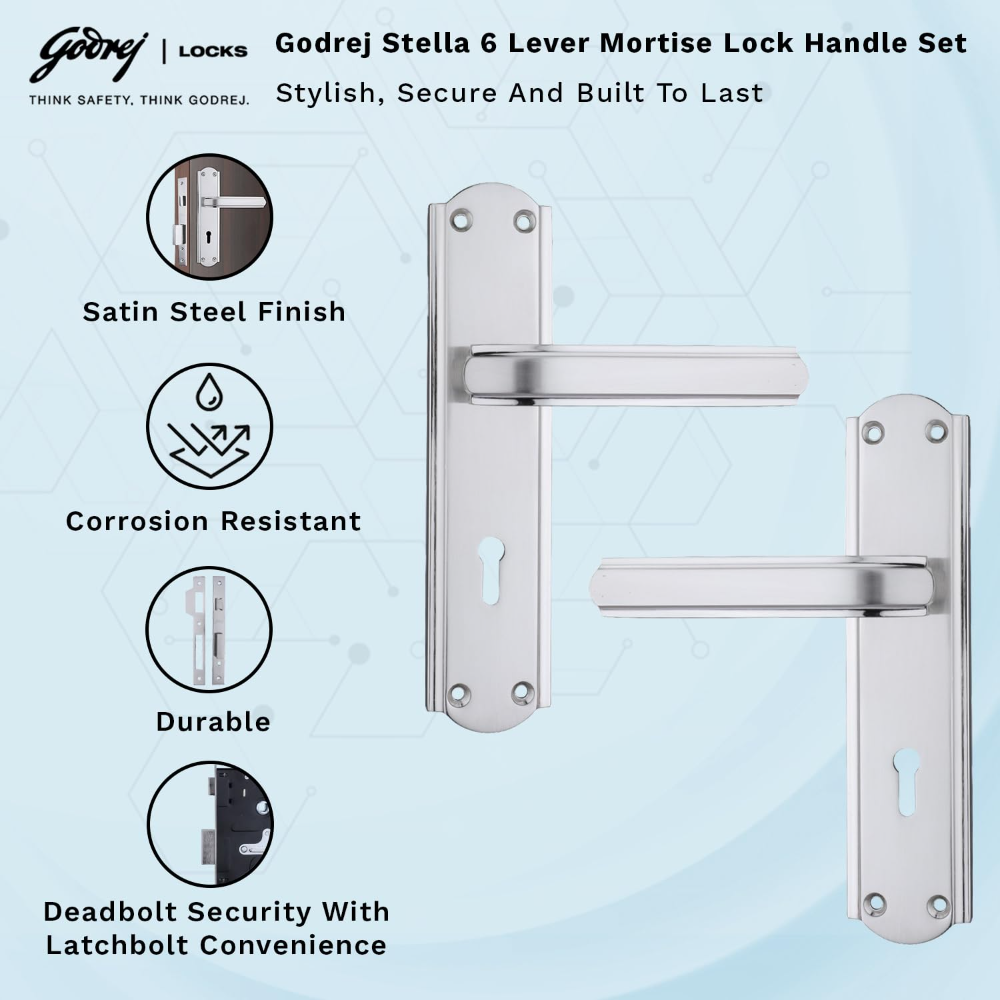 Godrej Mortise Door Lock Handle Set | 180mm Stella | 6-Lever Locking Mechanism | Reversible Latchbolt | Suitable for Left & Right Handed Doors (Satin Steel Finish) | 5 Year Warranty